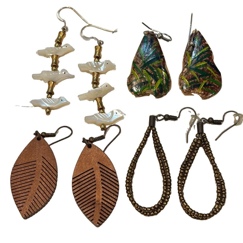 Lot of 4 Boho Artisan Dangle Earrings Wood Shell Bead Bird Southwestern Festival